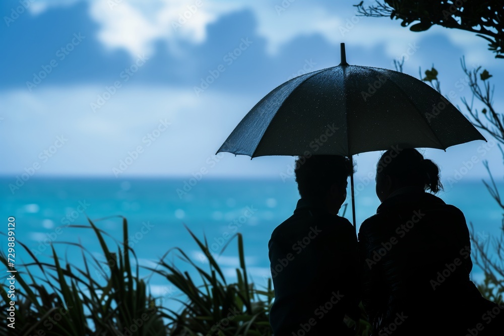 pair under an umbrella, ocean in the backdrop