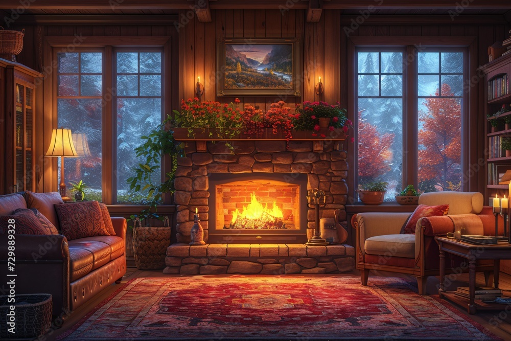 Cozy Winter Nights A Fireplace and Potted Plants Generative AI Cozy Winter Nights A Fireplace and Potted Plants Generative AI