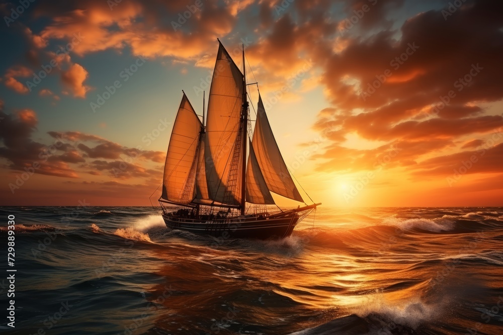 Beautiful sailing yacht travel in the ocean at sunset