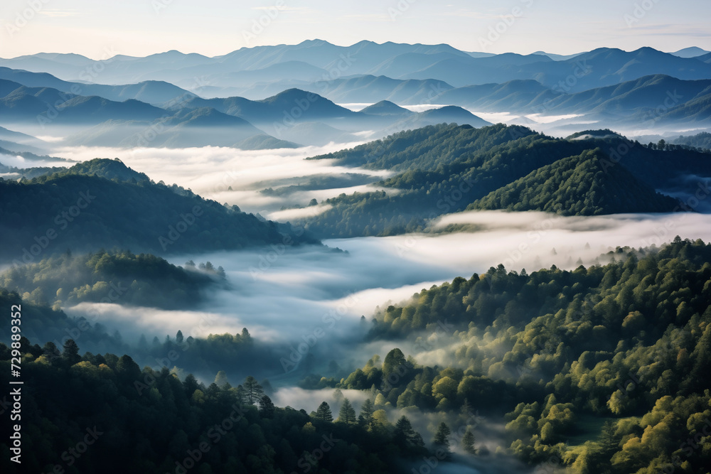Aerial view of mountains under mist morning Aerial view of mountains under mist morning