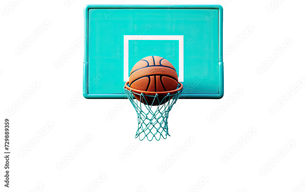 Teal Basketball Hoop with Ball in Hoop on a White or Clear Surface PNG Transparent Background.