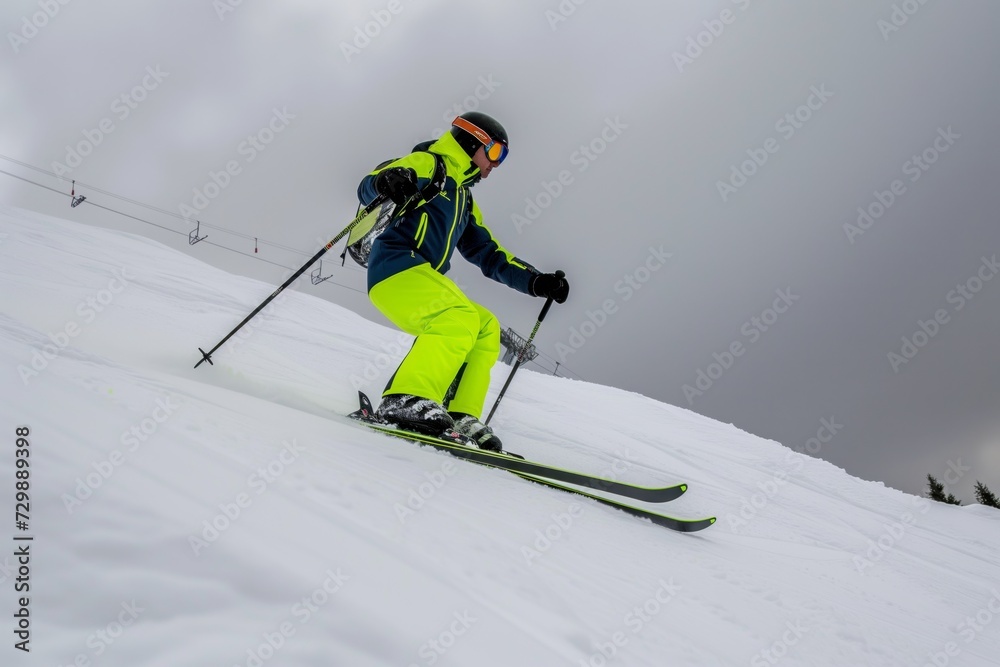 skier in neon suit against overcast sky on slope edge