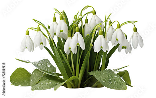White flowers with leaves and water drops on leaves on a White or Clear Surface PNG Transparent Background.
