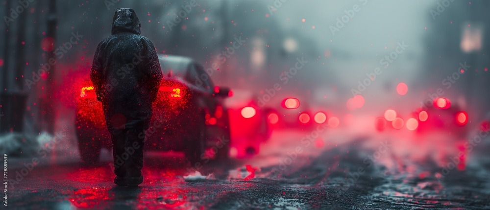 A Man Walking Along The Side Of The Road. Illustration On The Theme Of The City And Man. Generative AI A Man Walking Along The Side Of The Road. Illustration On The Theme Of The City And Man. Generative AI