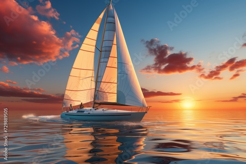 Beautiful white sailing yacht in the ocean at sunset