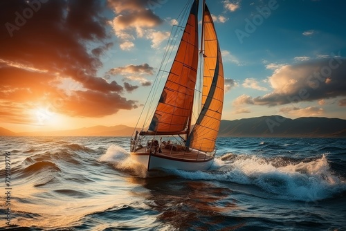 Breathtaking view of a beautiful sailing yacht in the ocean during the stunning sunset