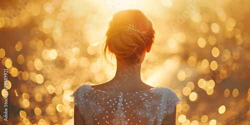 Dride from behind in wedding dress woman, bright glitter background.  photo