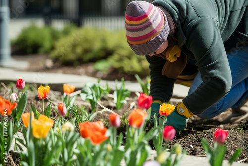 gardener planting spring flowers at city hall