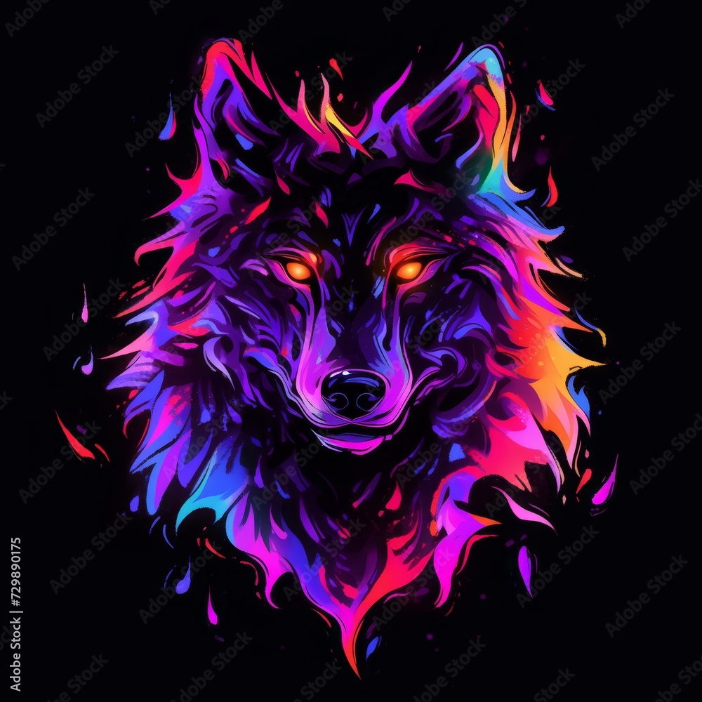 Flat logo wolf blacklight abstraction style on a black background. Blacklight abstraction style.