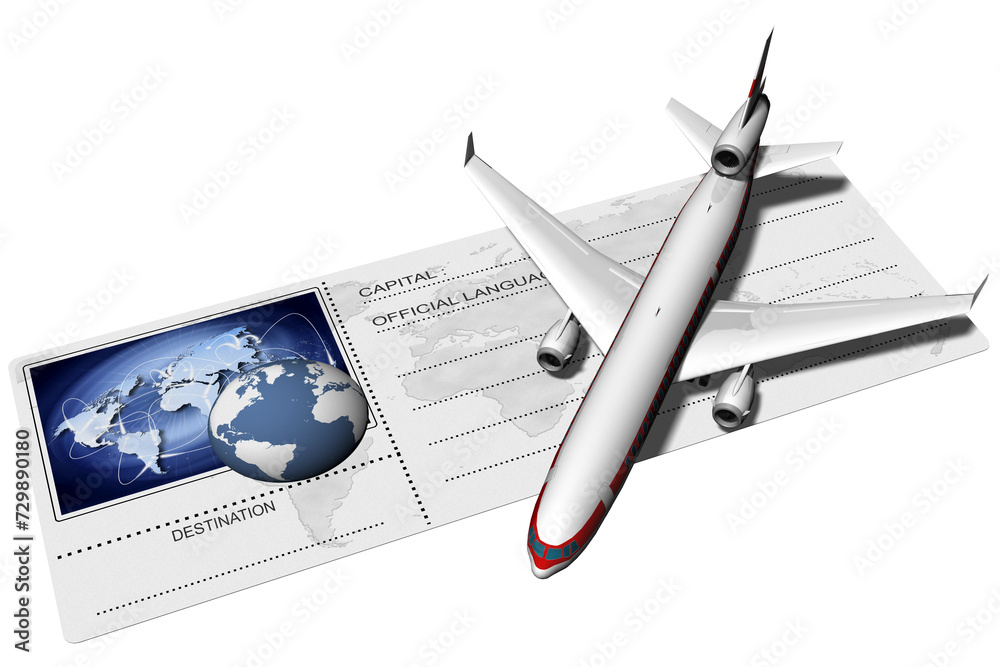 PNG. Trasparente. Aeroplano appoggiato su biglietto aereo con raffigurato il mondo ed i suoi possibili collegamenti.. - obrazy, fototapety, plakaty 