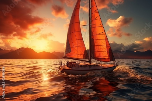 Beautiful sailing yacht in the ocean at red sunset