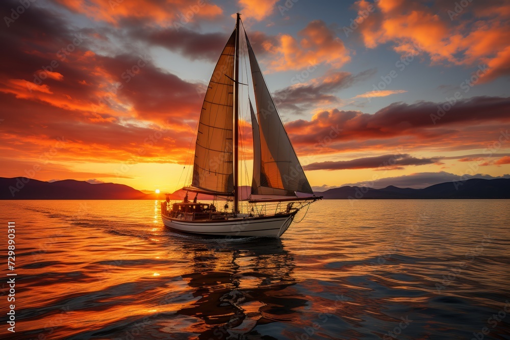 Beautiful sailing yacht in the ocean at sunset