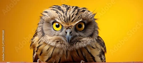 Owl standing on yellow background