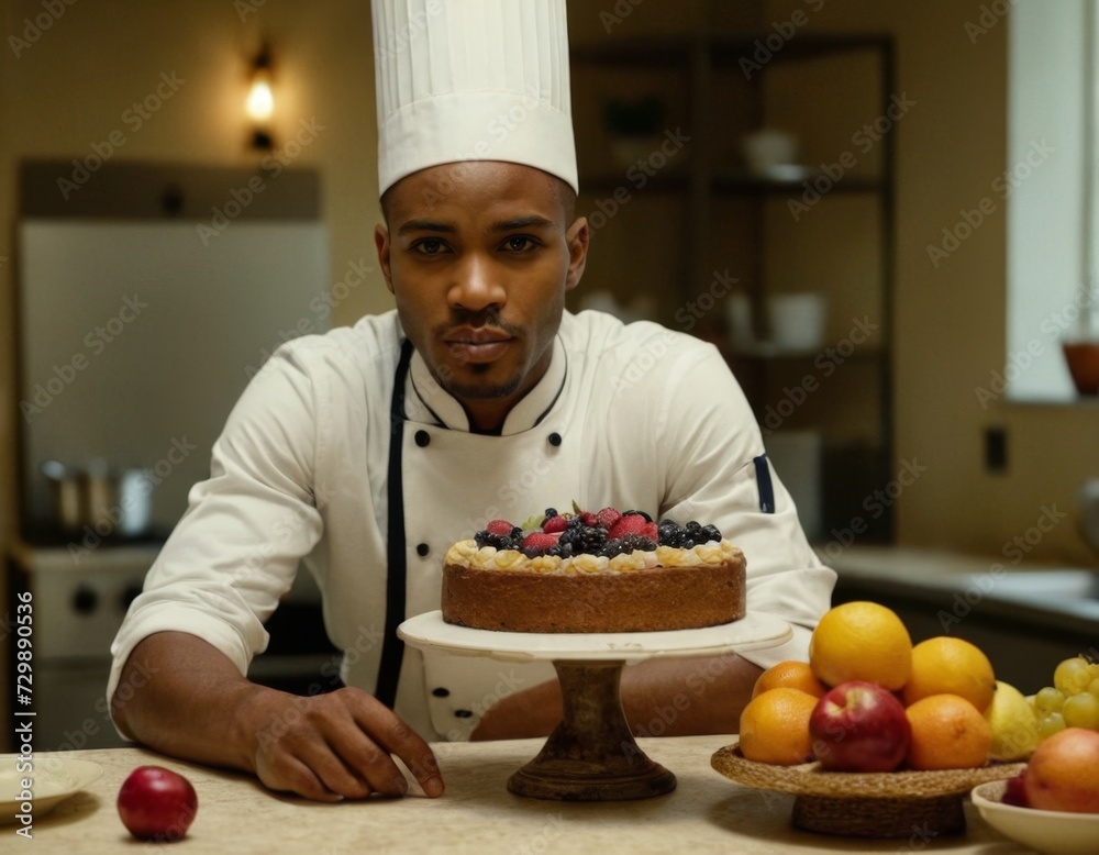 Portrait of a cook in the kitchen with fruits. Generation of AI. Portrait of a cook in the kitchen with fruits. Generation of AI.