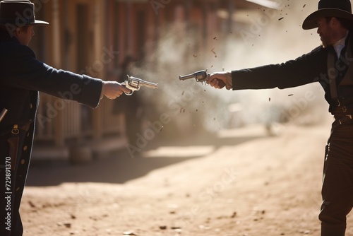 duel scene with two men facing each other, hands over revolvers, on a dusty street photo