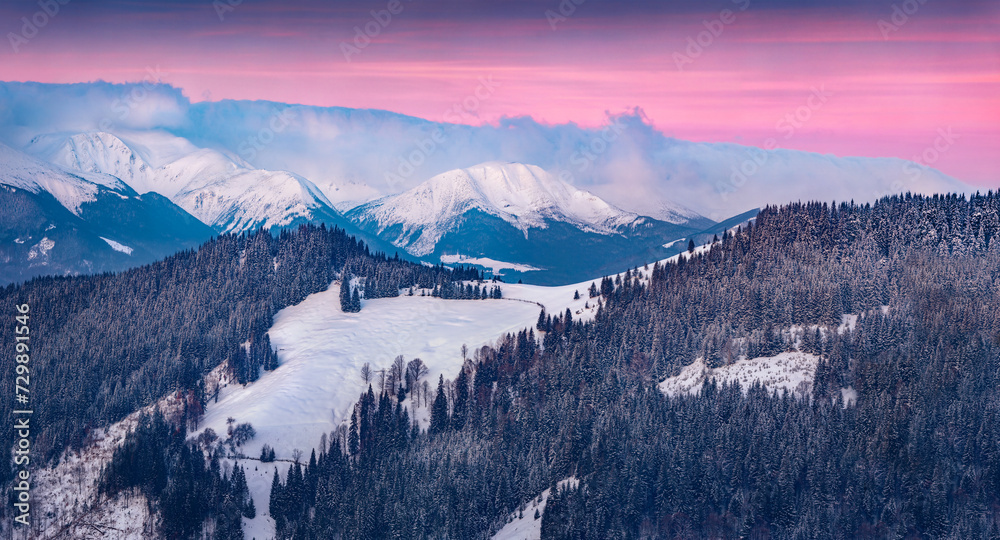 Untouched winter landscape. Chornogora mountain range in the morning mist. Colorful winter sunrise in the mountain forest, Il'tsi village location, Ukraine. Beauty of nature concept background.