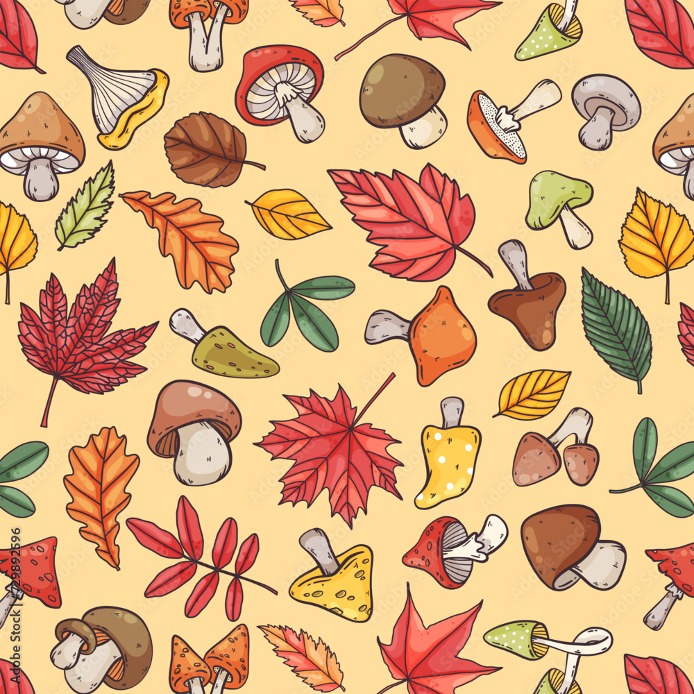 Autumn leaves and mushrooms seamless pattern, cute cartoon line colorful style, vector illustration