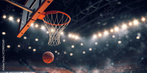 A basketball ball flies i. Sport game banner. Panorama