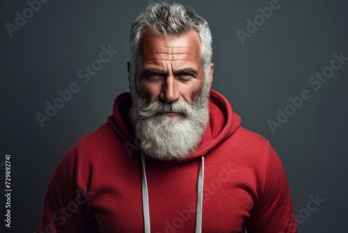 Portrait of a handsome senior man with gray beard and mustache wearing red hoodie.