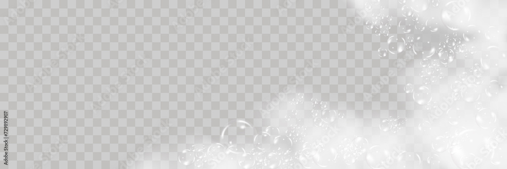 Bath foam isolated on transparent background. Shampoo bubbles texture.Sparkling shampoo and bath lather vector illustration. - obrazy, fototapety, plakaty 