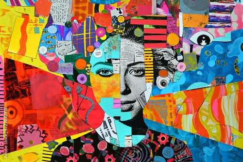 Mental health concept. Pop art collage. Happy woman face © bit24