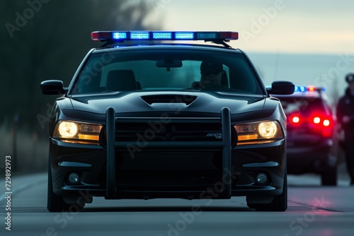 front grill strobes of a police car during a traffic stop photo