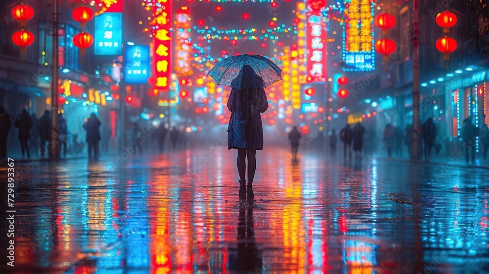 A lone figure with an umbrella walks through a city at night, with vibrant street lights reflecting on wet pavement. Capturing the urban atmosphere, it's suitable for themes of solitude and city life.