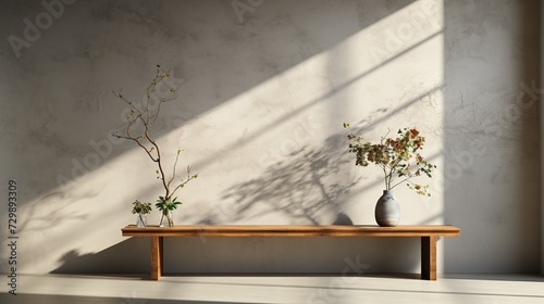 A tranquil scene of assorted branches in vases on a wooden bench, casting shadows on a textured wall, embodying Zen aesthetics and the beauty of simplicity. © logonv