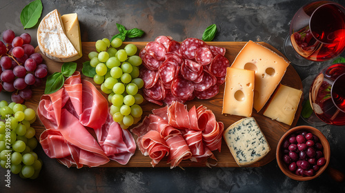 Italian antipasti wine snacks set. Ham serrano, prosciutto crudo or jamon, parmesan cheese and grapes on wooden board over black texture background. Top view, flat lay