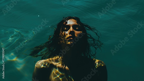 A woman emerges from the water, her face lit by sunlight creating, evoking a serene and mysterious mood. Ideal for themes of tranquility, beauty, or introspection, with copy space in the dark water.
