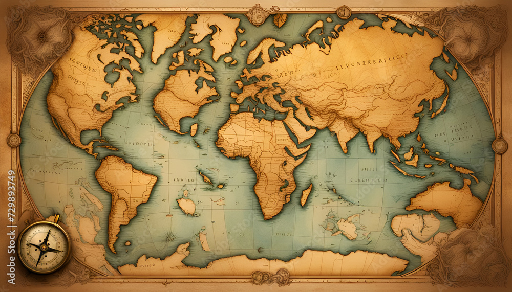 Obraz premium Landkarte mit Inseln und Kontinenten auf altem vergilbten Pergament Papier beschädigt mit Kompass in warmen Licht der goldenen Stunde auf einem Holztisch ausgerollt, Windrose Reisen Navigation maritim