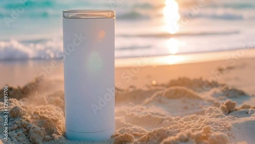 Close-up of a white color 20oz Straight Skinny Tumbler includes a lid,  on a sand with a blurred or bokeh background of a sunset at Beach, waves crashing onto shore, Skinny Tumbler mockup photo