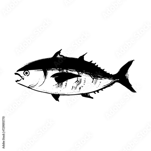 クロヒレマグロの和風ベクターイラスト（白黒）。