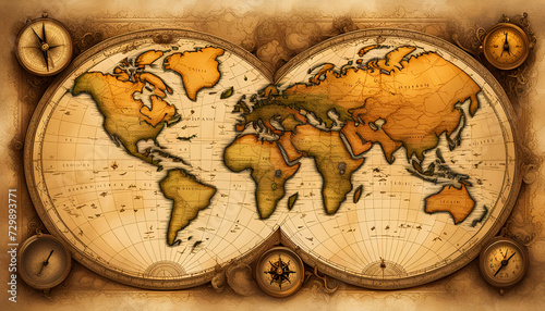 Landkarte mit Inseln und Kontinenten auf altem vergilbten Pergament Papier besch  digt mit Kompass in warmen Licht der goldenen Stunde auf einem Holztisch ausgerollt  Windrose Reisen Navigation maritim