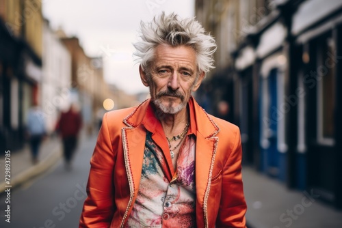 Handsome middle-aged man with a beard and mustache in an orange coat on a city street