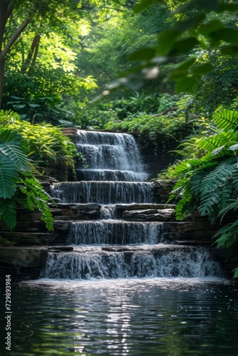 A calming waterfall cascading into a serene pool amidst lush, green foliage.