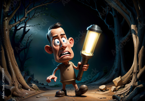 A cartoon man holding a flashlight in a dark forest with fog.