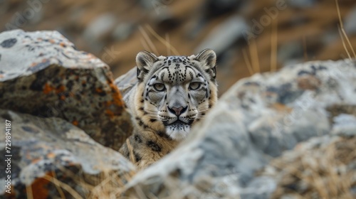 A fierce-looking snow leopard camouflaged among the rocky Himalayan terrain.