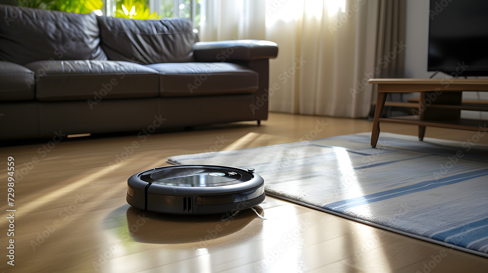 close up of a robotic vacuum glides seamlessly across a polished hardwood floor close up of a robotic vacuum glides seamlessly across a polished hardwood floor