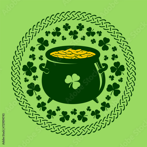 Leprechaun Pot of golden coins in Celtic Style Round frame. St. Patrick's Day label, badge or emblem. Vector illustration	