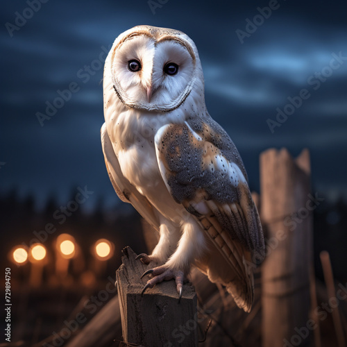 A black-eyed barn owl with a gold-and-white face sits in a snowy environment. A barn owl with a white and gray plumage