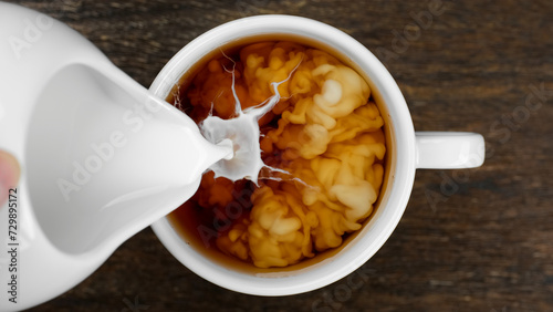 Pouring milk into black tea, top view