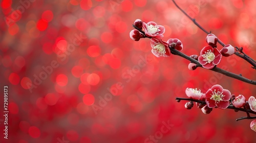 Delicate cherry blossoms in full bloom are set against a vibrant red bokeh background, symbolizing spring and renewal.