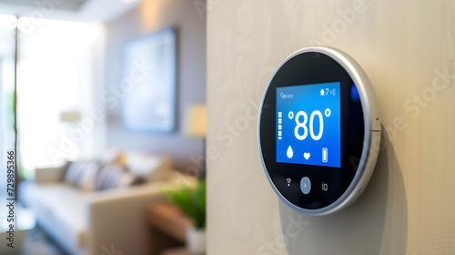 shot of a smart thermostat mounted on a living room wall, displaying an eco-friendly temperature setting