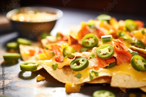 nachos with melted cheese and jalapenos, closeup