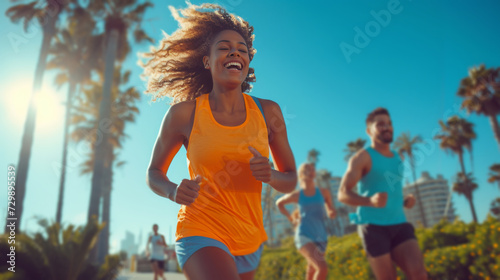 A lively shot of active people outdoors, promoting sports goods