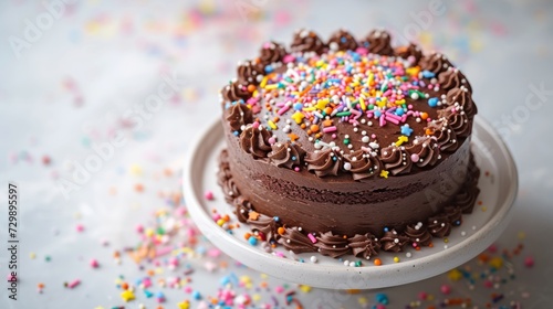 A delightful chocolate cake topped with vibrant rainbow sprinkles, set against a serene white backdrop