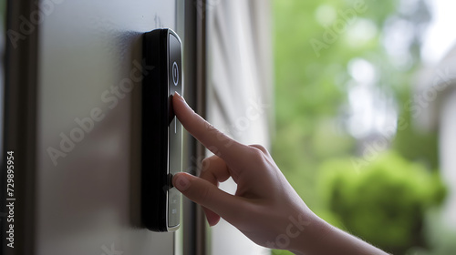  Smart doorbell in action Capture a hand pressing the doorbell button  photo