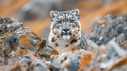 A fierce-looking snow leopard camouflaged among the rocky Himalayan terrain.