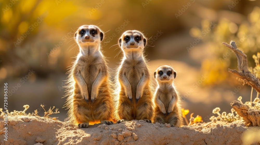 Fototapeta premium A family of meerkats standing sentinel in the arid deserts of Africa.